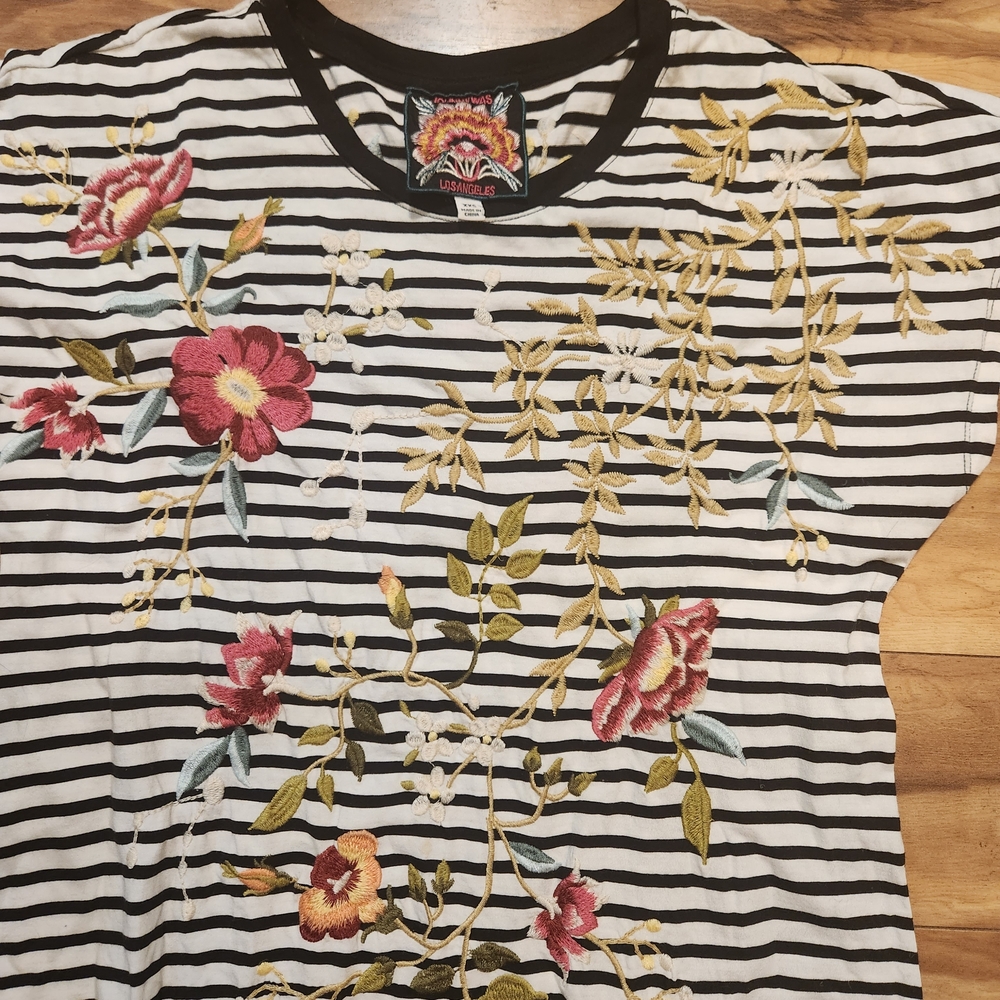 Johnny Was Striped Midi Dress with Floral Embroidery